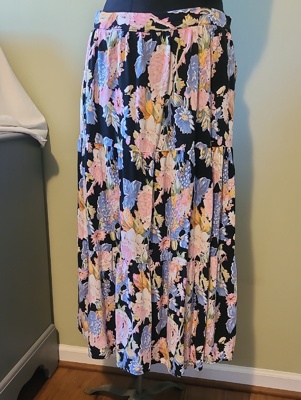 Rachel Zoe Black Floral Tiered Maxi Skirt with Pastel Blooms, Size Medium